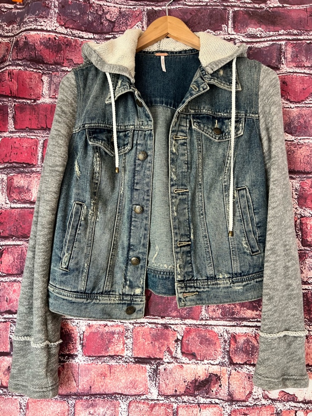 Free People Iconic Hooded Knit Denim Mixed Media Jacket Blue Gray S